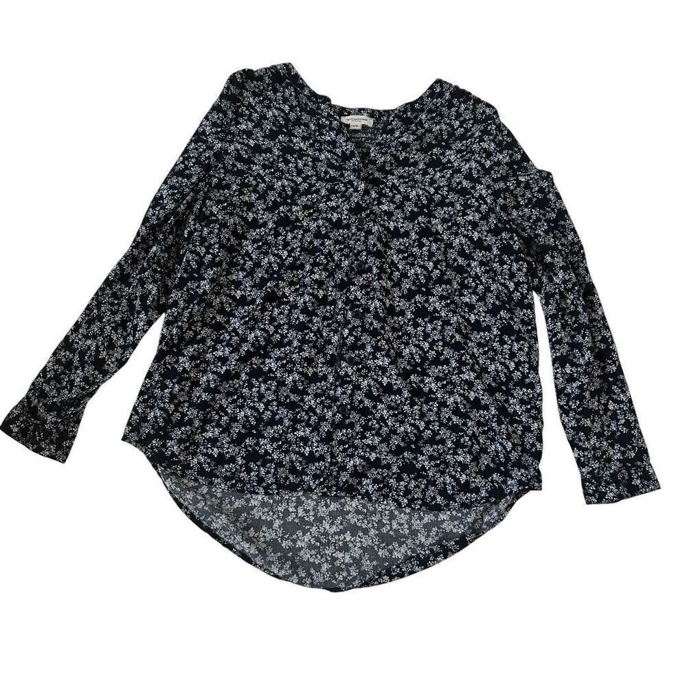 BeachLunchLounge Collection Floral Blouse Navy Blue Long Sleeve Top Size Large